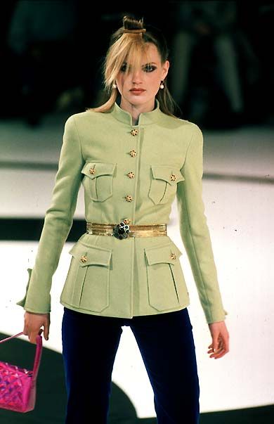 Vintage green Chanel blazer from the 1996 runway show, featuring classic tailored design and luxurious fabric.