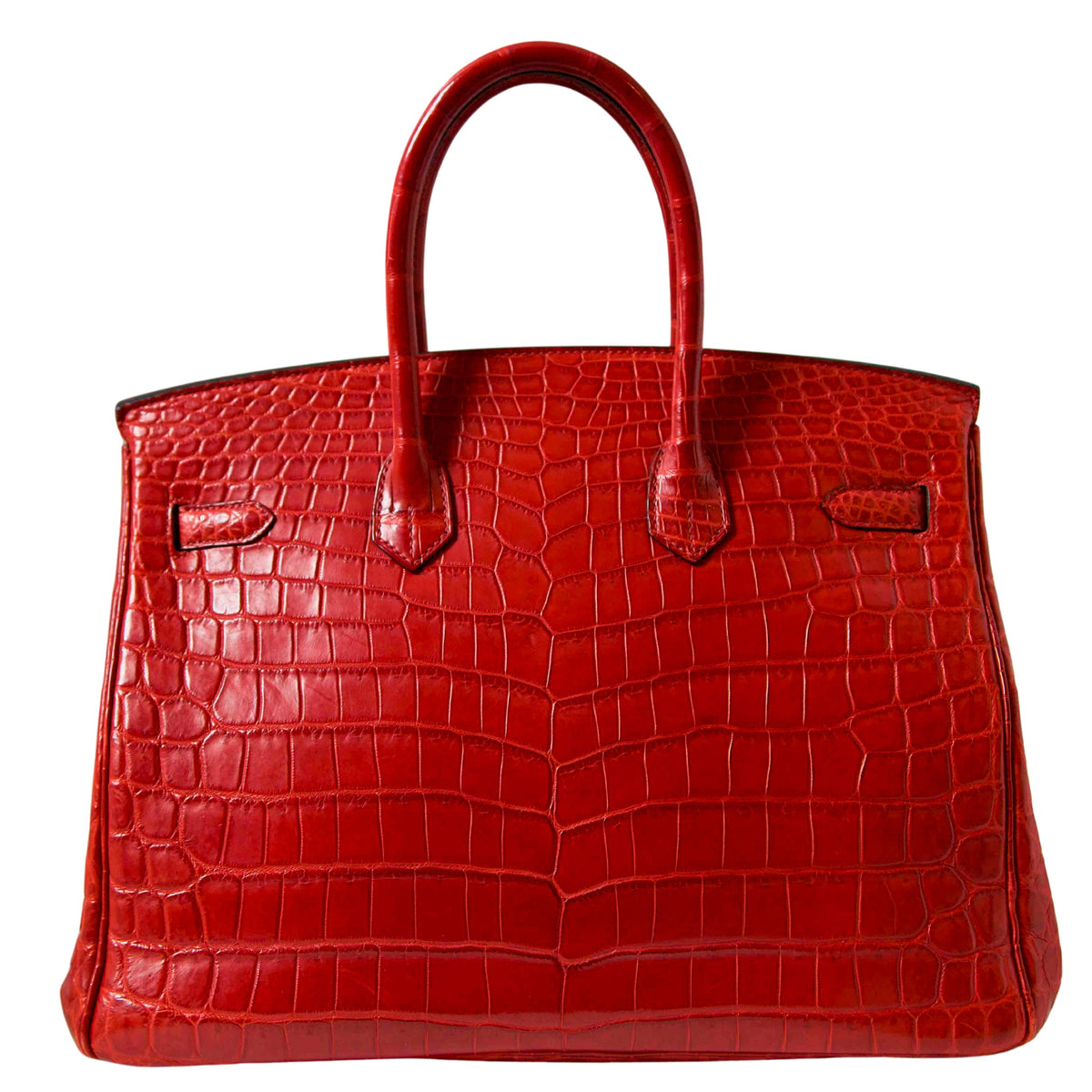 Hermès Birkin 35 red GHW top handle bag displayed from the back with gold hardware and smooth leather finish.