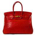 Hermès Birkin 35 red GHW top handle bag with gold hardware, showcasing luxurious leather and elegant design.
