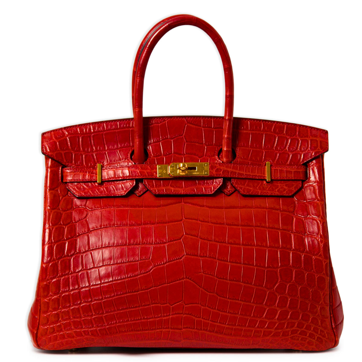 Hermès Birkin 35 red GHW top handle bag with gold hardware, showcasing luxurious leather and elegant design.