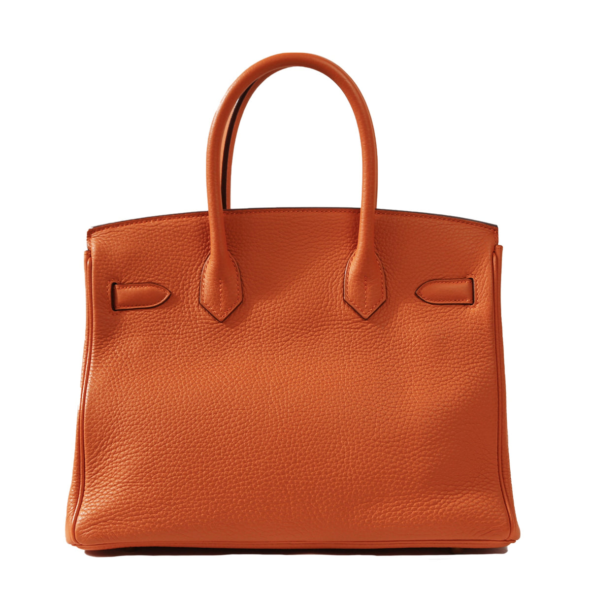 Hermès Birkin 30 Orange Clemence GHW top handle bag shown from the back with gold hardware and structured design.