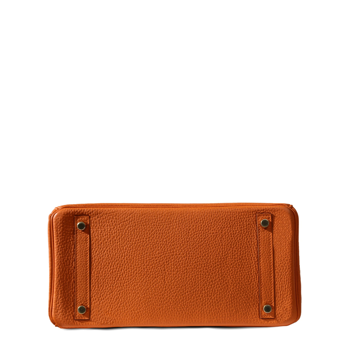 Hermès Birkin 30 Orange Clemence GHW top handle bag with gold hardware, shown from the bottom angle.