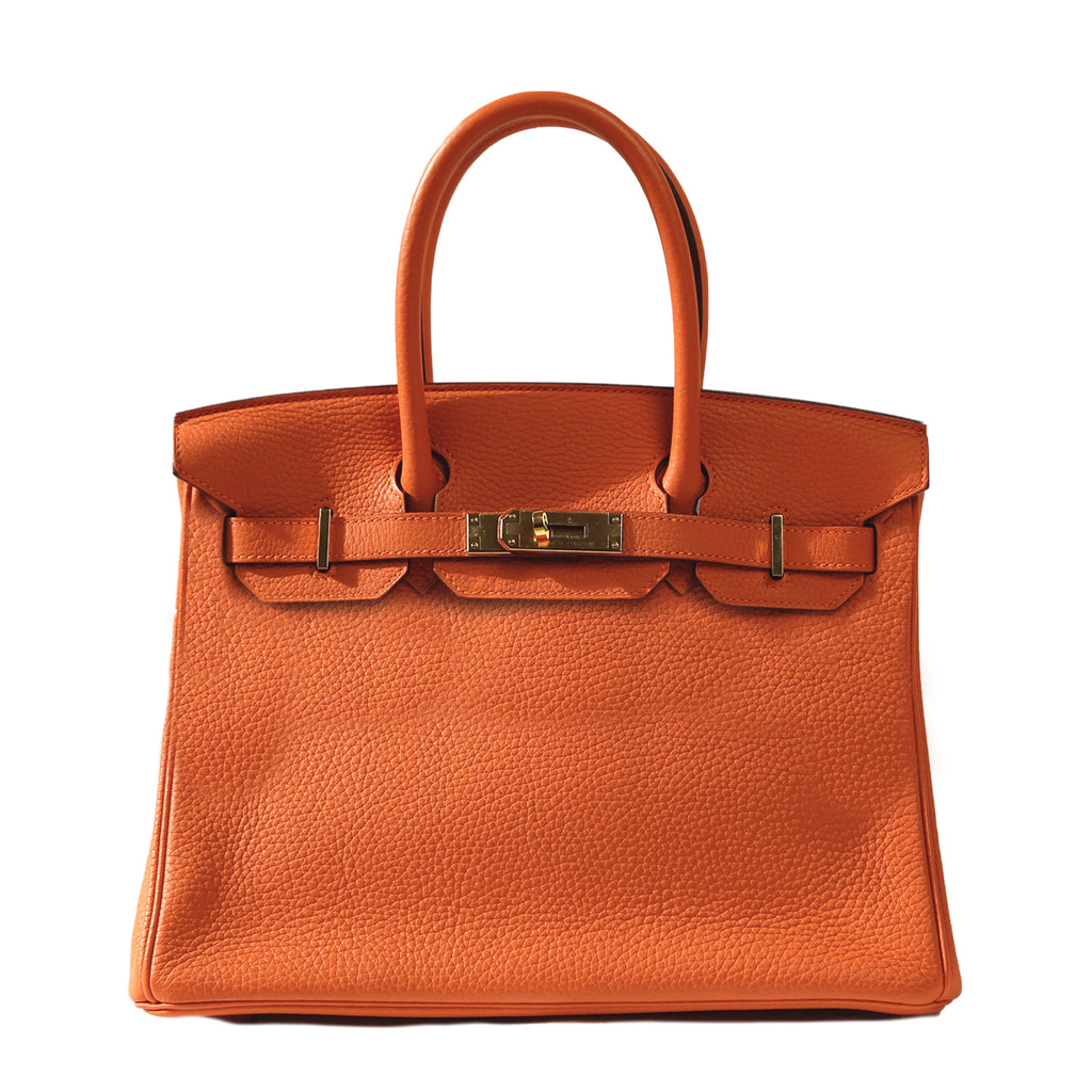 Hermès Birkin 30 Orange Clemence GHW top handle bag with gold hardware, shown from the front.