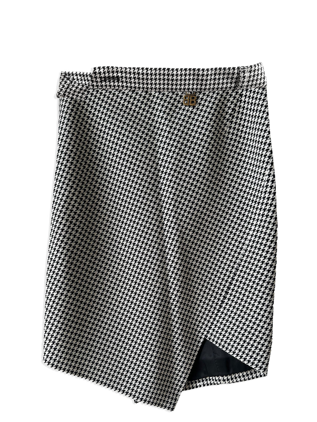 Balenciaga houndstooth asymmetrical skirt featuring a stylish front view with bold pattern and modern design.