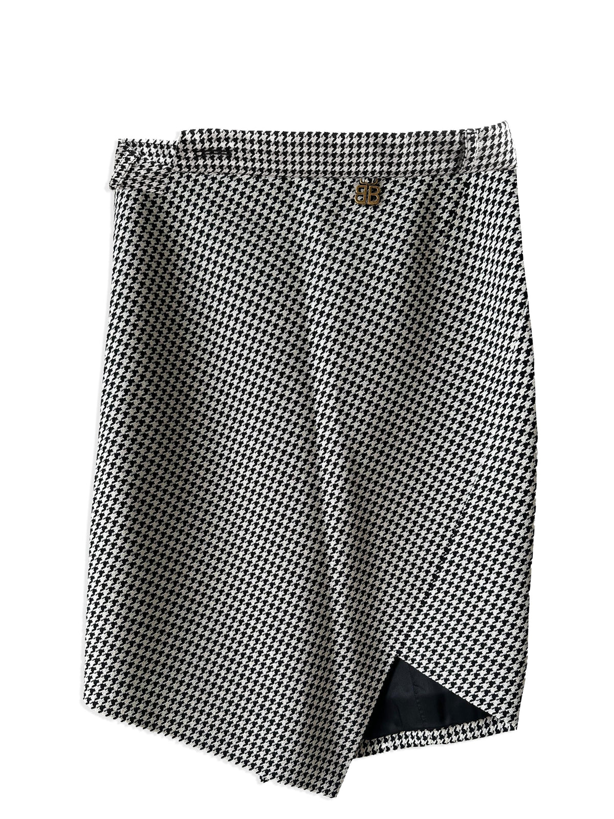 Balenciaga houndstooth asymmetrical skirt featuring a stylish front view with bold pattern and modern design.