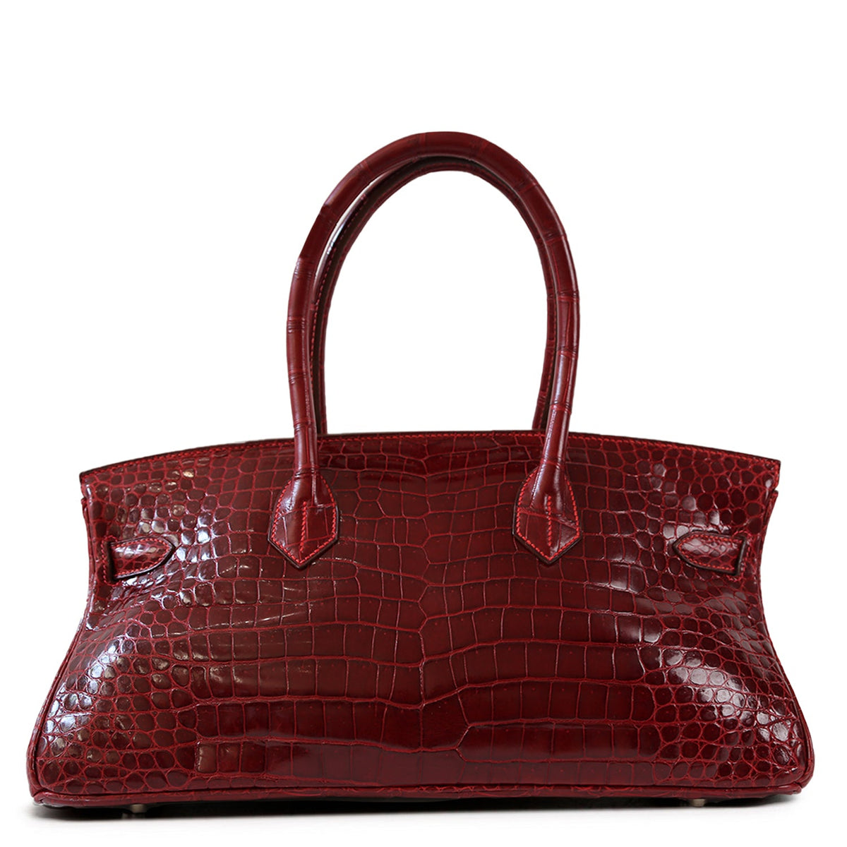 Hermès JPG Shoulder Birkin 42 Red Porosus PHW leather shoulder bag, shown from the back with sleek design and rich red color.