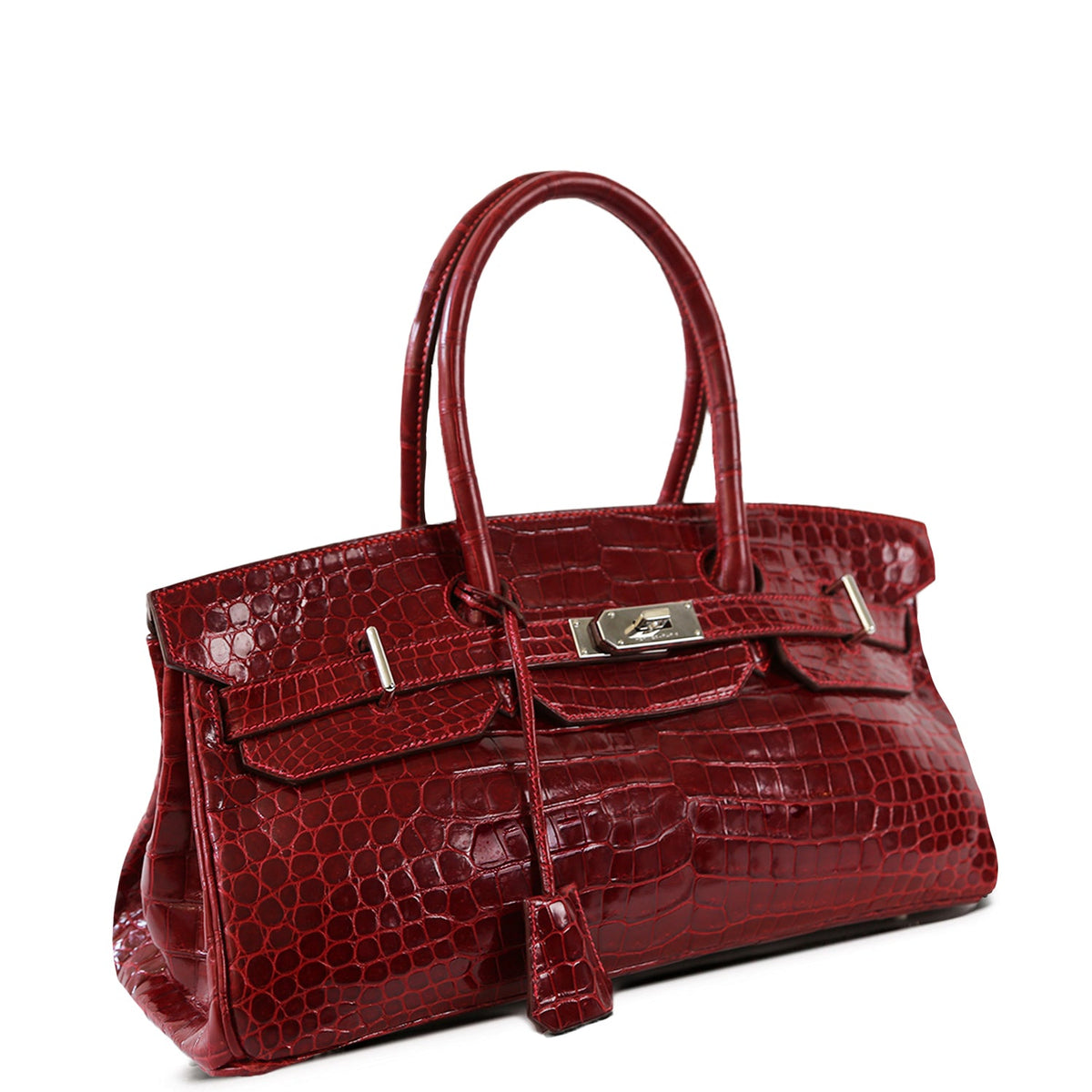 Hermès JPG Shoulder Birkin 42 Red Porosus PHW leather shoulder bag, side view showcasing luxurious crocodile skin and elegant design.