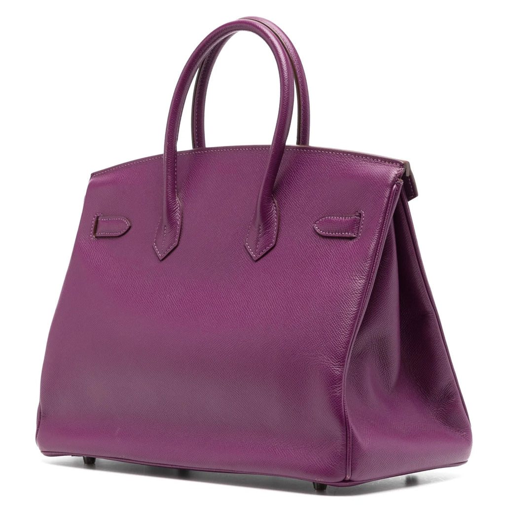 Hermès Birkin 35 Anemone Epsom top handle bag with gold hardware, showcasing its luxurious textured leather and elegant design.