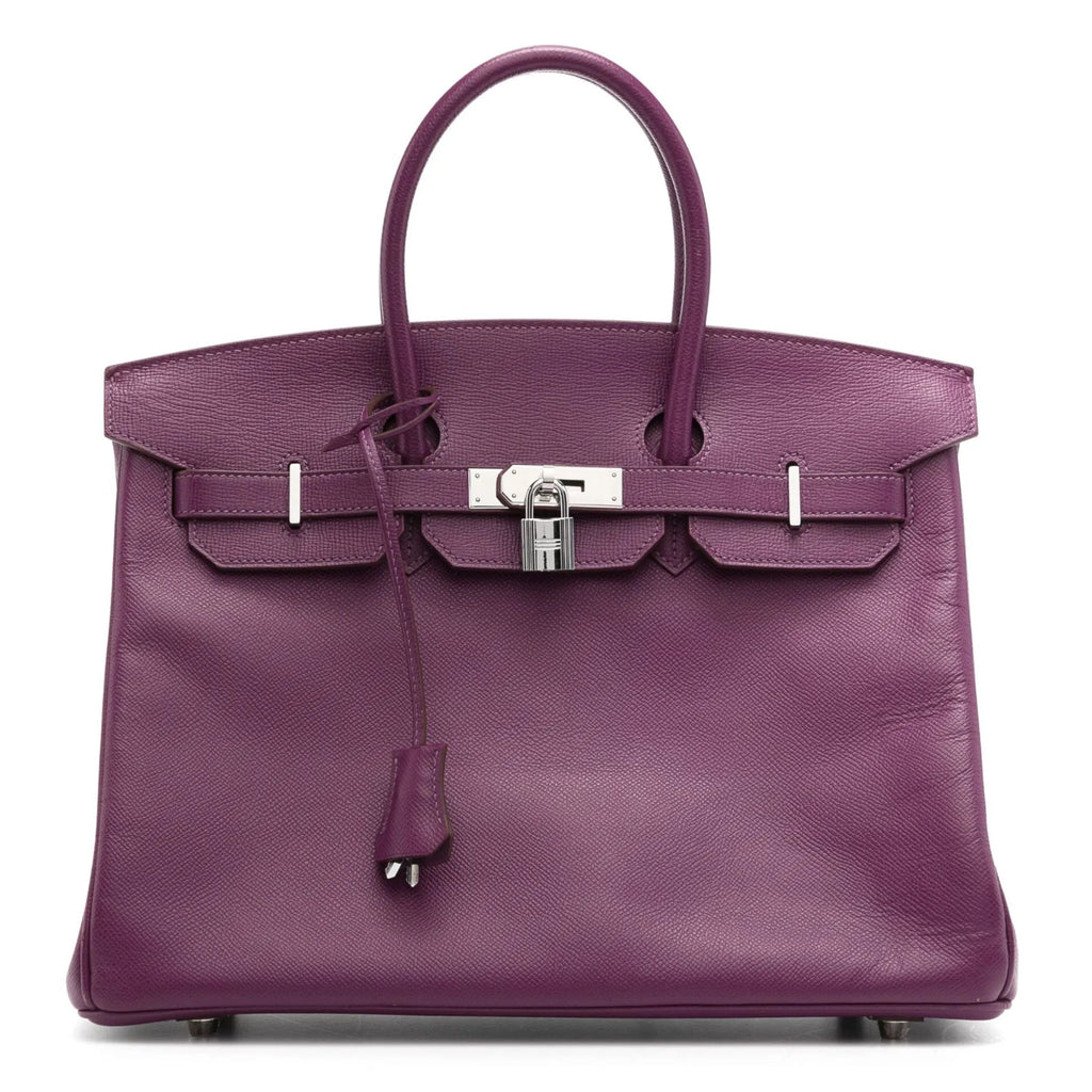 Hermès Birkin 35 Anemone Epsom top handle bag with gold hardware, front view showcasing luxurious textured leather and elegant design.