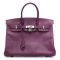 Hermès Birkin 35 Anemone Epsom top handle bag with gold hardware, front view showcasing luxurious textured leather and elegant design.