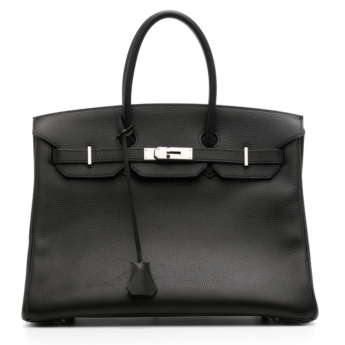 Hermès Birkin 35 black Togo leather top handle bag with palladium hardware, showcasing its structured design and luxurious craftsmanship.