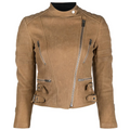 Celine camel leather biker jacket with classic design, featuring a sleek fit and stylish collar on a plain background.