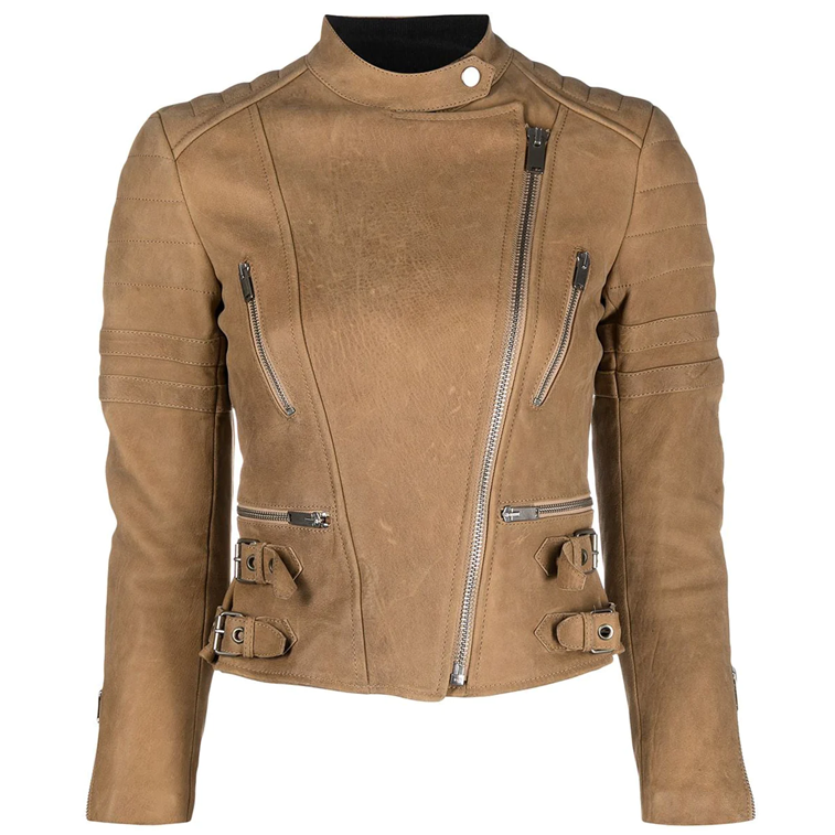 Celine camel leather biker jacket with classic design, featuring a sleek fit and stylish collar on a plain background.