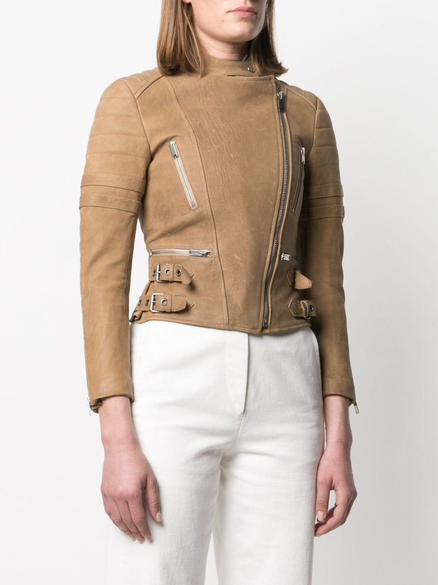 Celine camel leather biker jacket with fitted design, featuring a front zipper and stylish collar, displayed on a hanger.