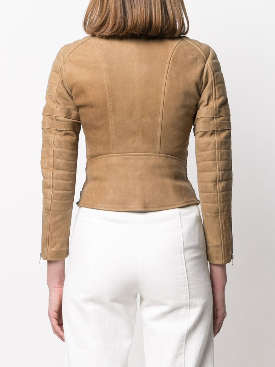 Celine camel leather biker jacket with tailored fit, featuring classic lapels and silver hardware for a stylish, edgy look.