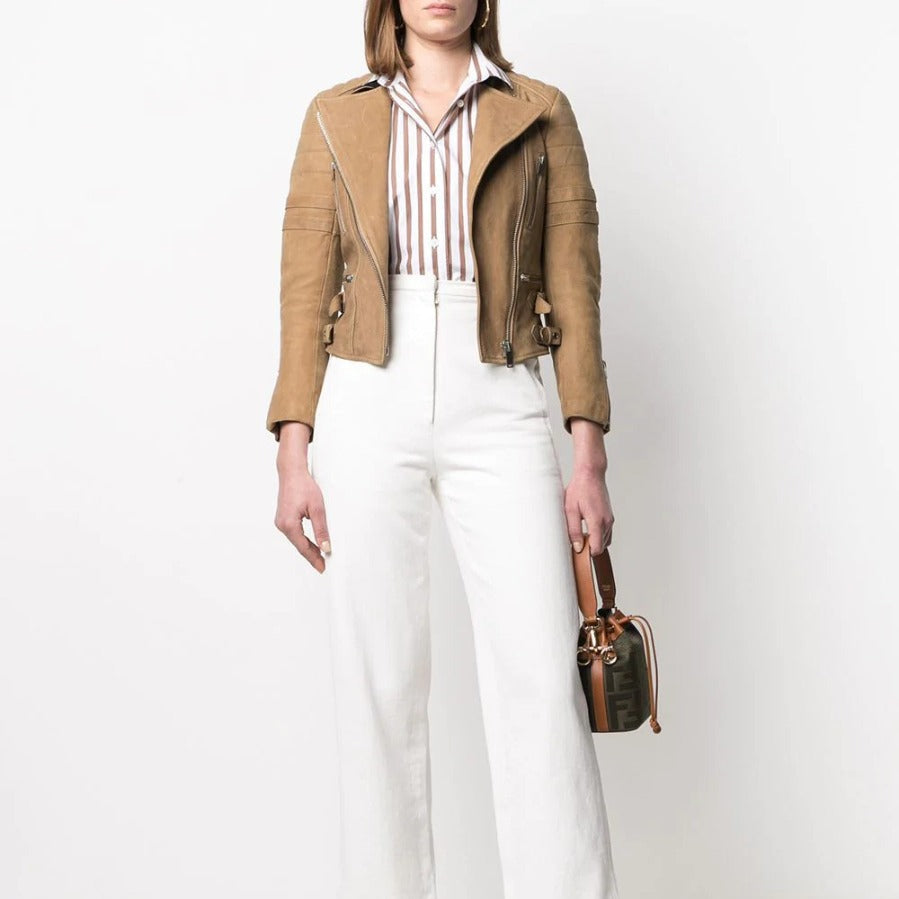 Celine camel leather biker jacket with classic design, featuring a fitted silhouette and detailed stitching, perfect for casual or stylish wear.