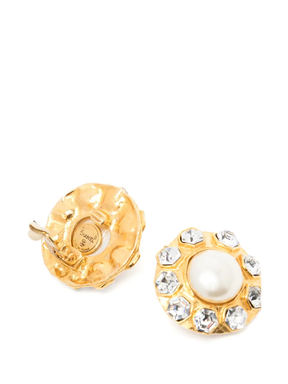Vintage Chanel pearl and crystal flower clip-on earrings, 1970s-1980s, featuring elegant floral design with pearls and sparkling crystals.