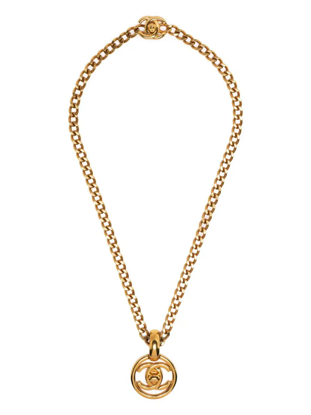 Chanel 1997 CC Turnlock pendant chain necklace featuring a classic silver-tone CC logo and sleek chain design.
