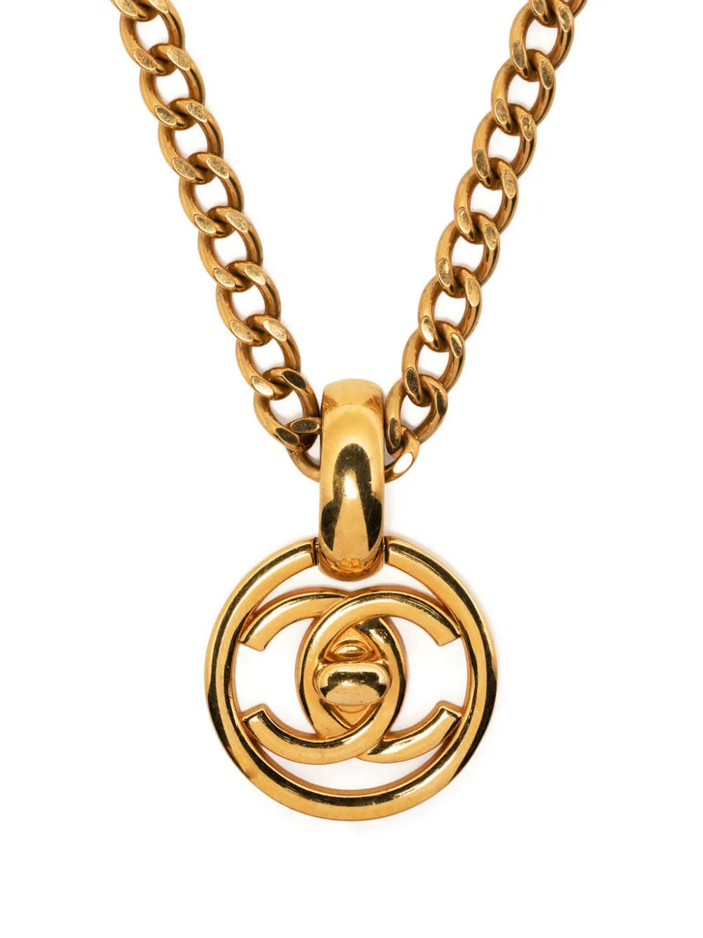Chanel 1997 CC Turnlock pendant chain necklace with silver-tone finish and signature logo details, displayed on a neutral background.