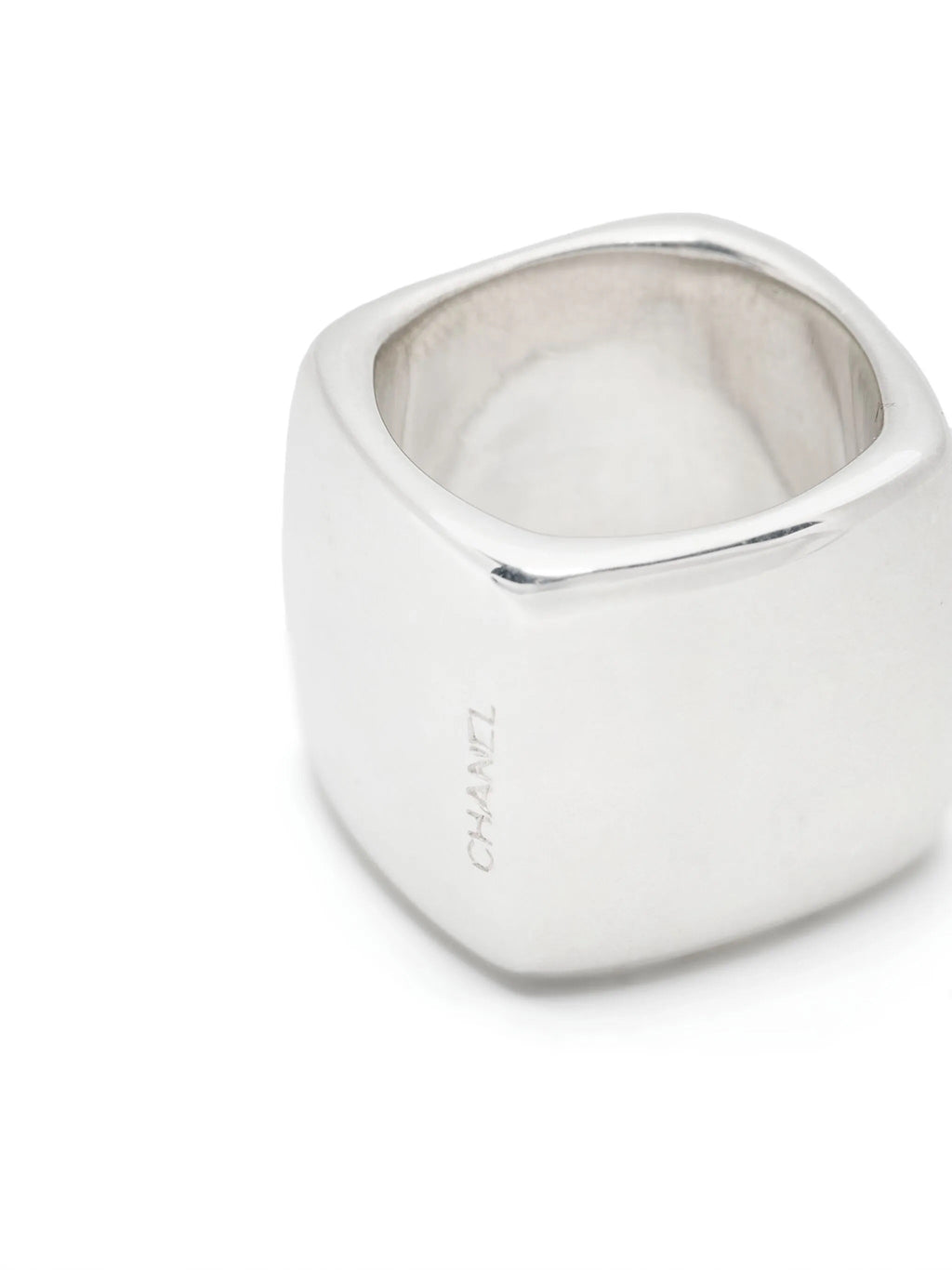 Sterling silver square ring by Chanel featuring a sleek, modern design with a polished finish.