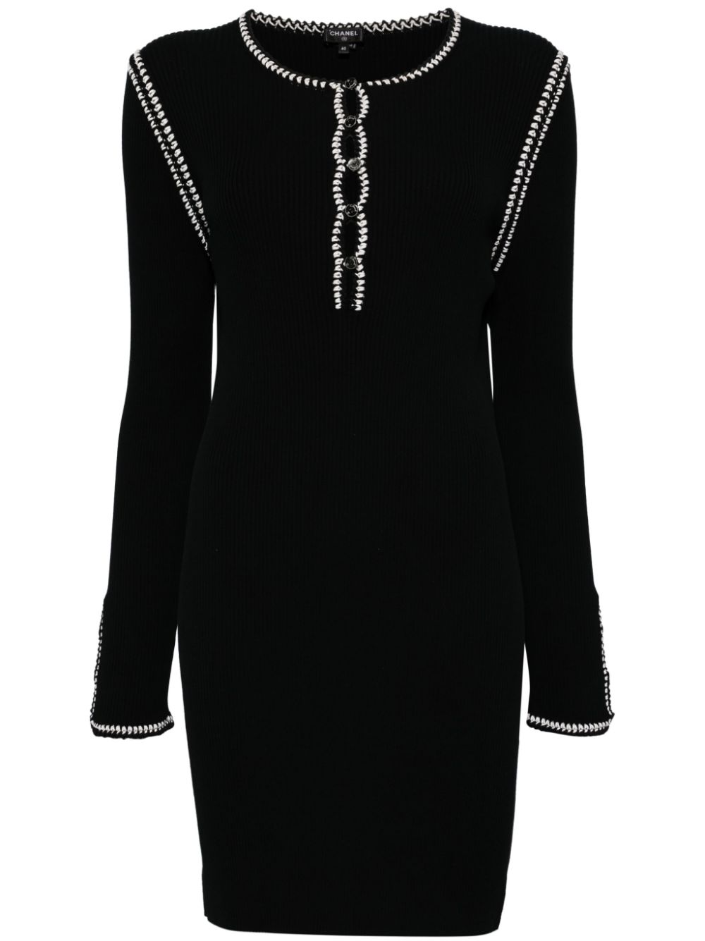 Black Chanel 2002 cotton mini dress with ribbed fabric, stylish short dress with a fitted silhouette.
