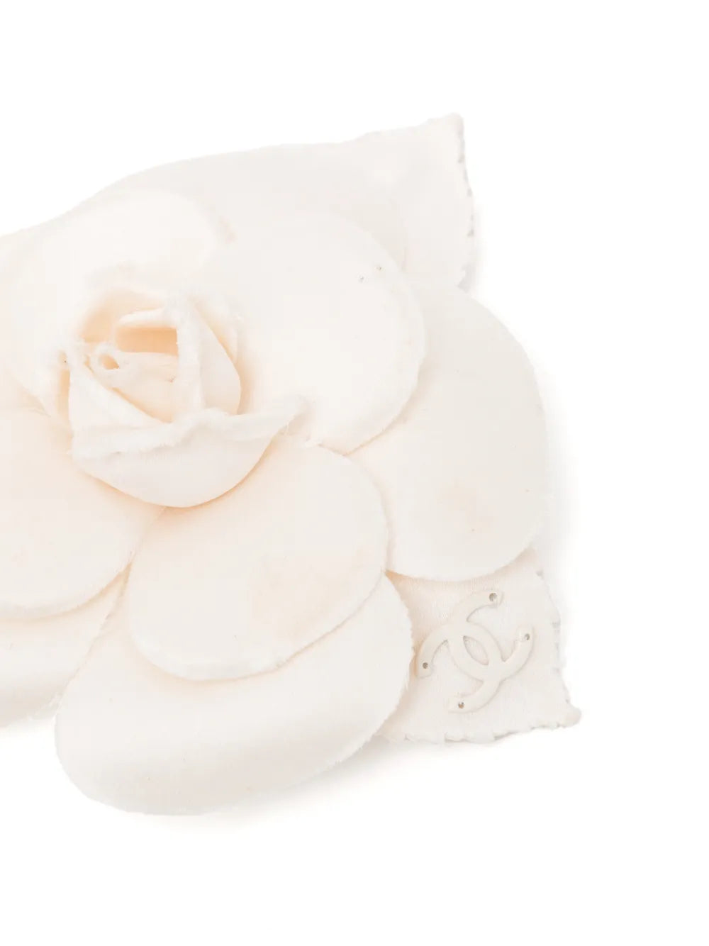 Chanel 2019 Camellia CC brooch featuring a gold-tone Chanel logo and a detailed camellia flower design.