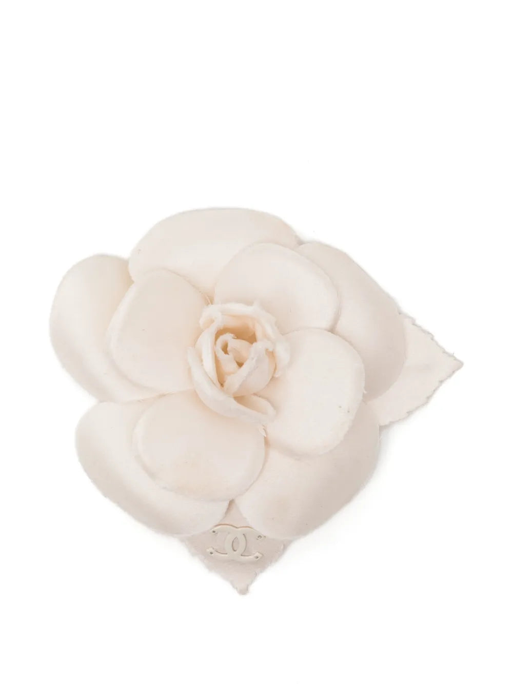 Chanel 2019 Camellia CC brooch featuring a floral design with gold and enamel accents, displayed on a neutral background.