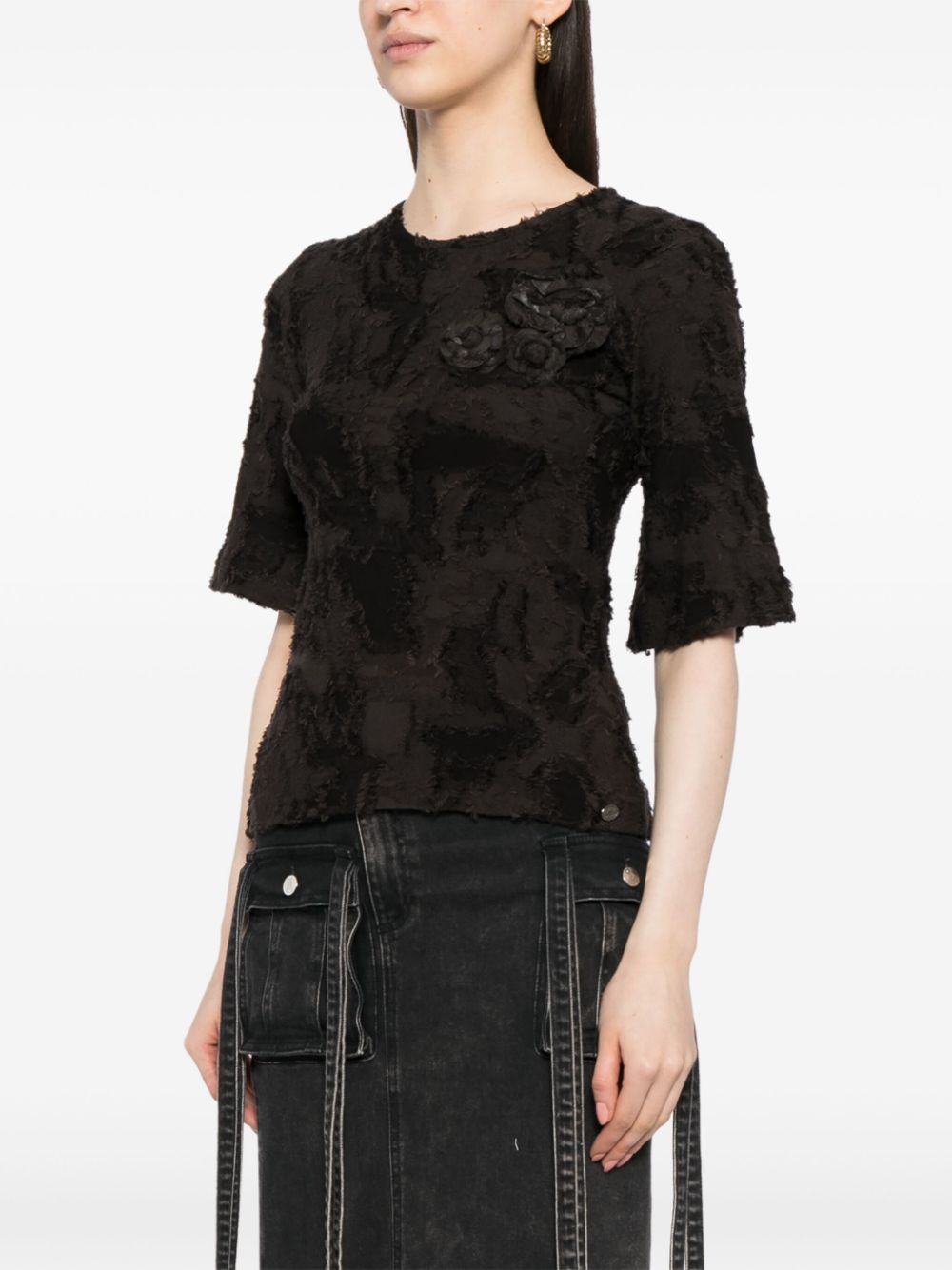 Black cotton top with three elegant brooches, chic Chanel women's tops, stylish and versatile fashion choice