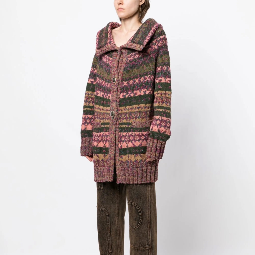 Chanel intarsia knit cardigan featuring colorful patterns, long sleeves, and a classic blazer style, perfect for layered casual wear.