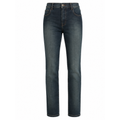 Chanel dark blue stonewashed skinny jeans with high-rise waist, slim straight silhouette, five-pocket construction and contrast brown stitching.