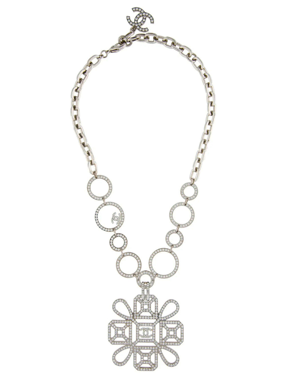 Chanel Strass CC silver collar necklace with sparkling embellishments, front view showcasing elegant design and shiny finish.