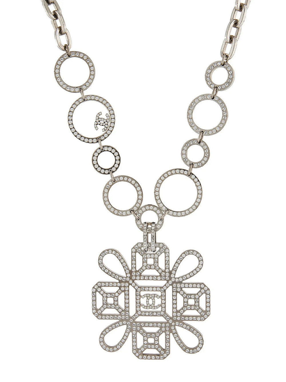 Silver Chanel Strass CC collar necklace with sparkling embellishments, showcased from the front view.