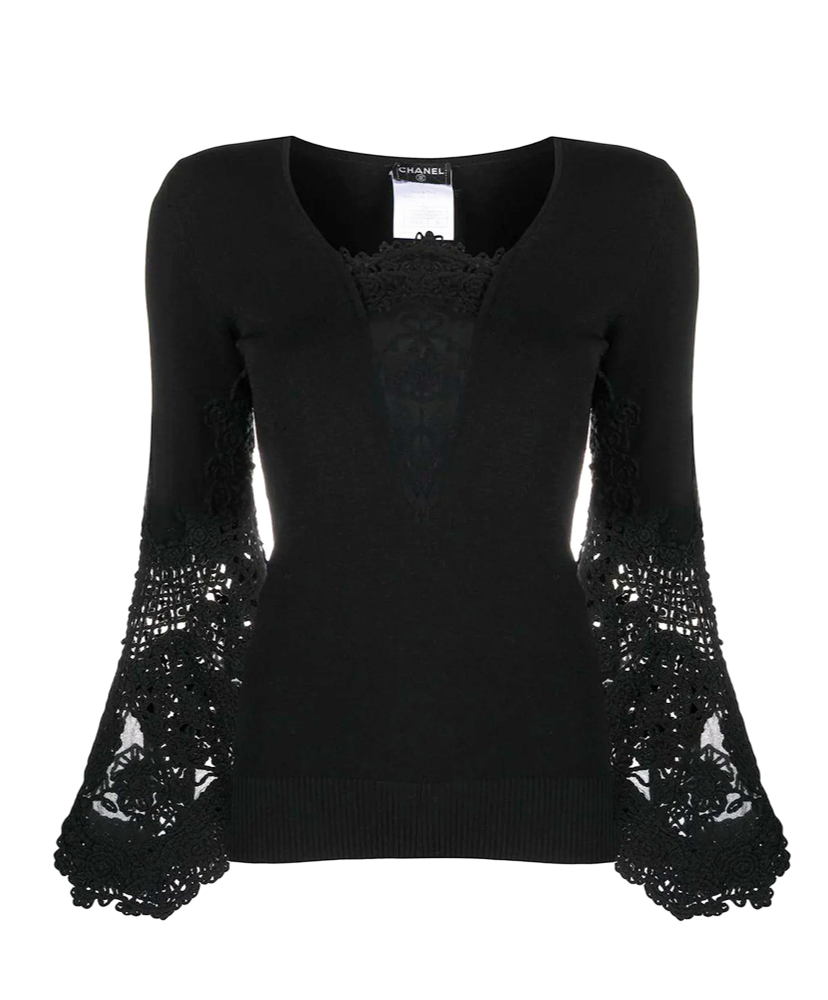 Black Chanel crochet sleeve jumper, a stylish knit top with intricate crochet details on the sleeves.