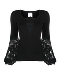 Black Chanel crochet sleeve jumper, a stylish knit top with intricate crochet details on the sleeves.