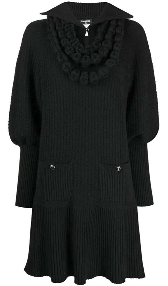 Chanel black textured knit collared dress, stylish and elegant, showcasing a tailored fit with a classic collar design.