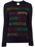 Chanel dark plum rhinestone striped knit jumper, stylish women’s top with fine-knit texture and decorative rhinestone details.