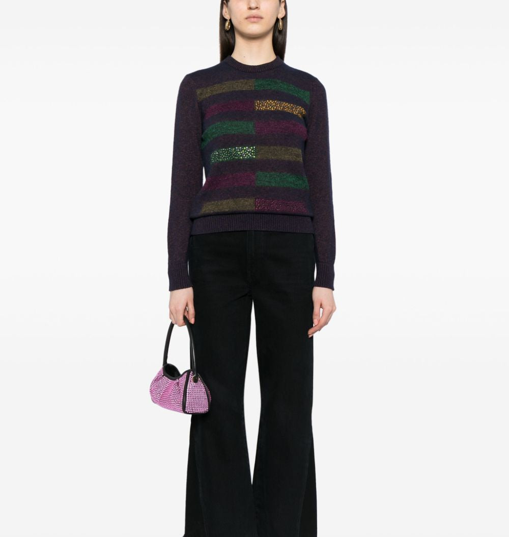 Chanel dark plum rhinestone striped knit jumper, women's casual top with fine-knit texture and stylish embellishments.