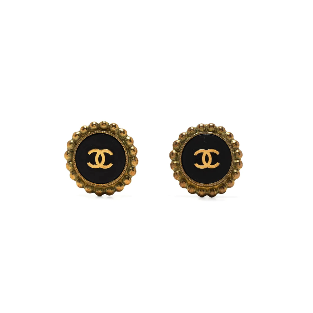 Gold-tone Chanel clip-on button earrings with the iconic CC logo, designed for non-pierced ears.