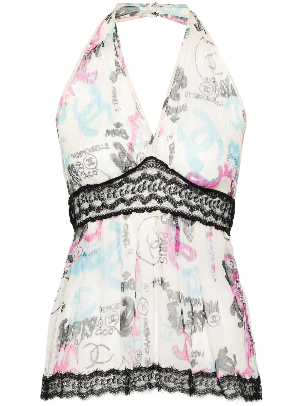 Chanel ivory silk halter neck top from the 2007 Graffiti Line collection, featuring a stylish and elegant design.