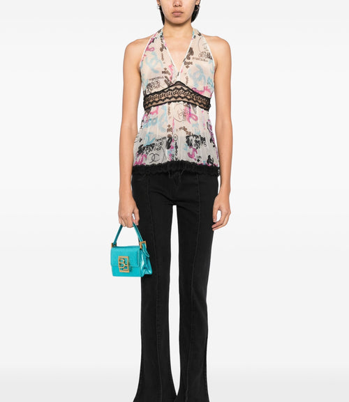 Chanel 2007 Graffiti Line ivory silk halter neck top with multicolour graffiti print, stylish and elegant women's fashion top