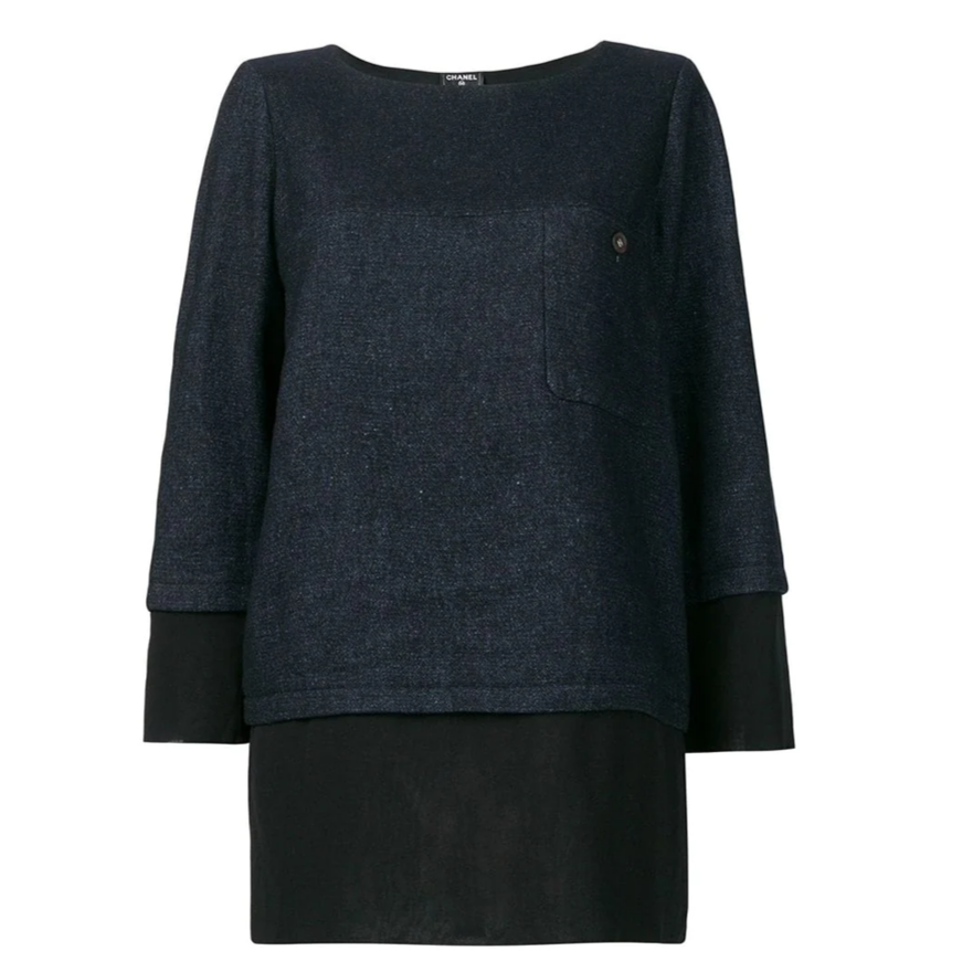 Chanel layered straight blouse, elegant tops with a sleek, modern design, featuring layered fabric details and a classic fit.
