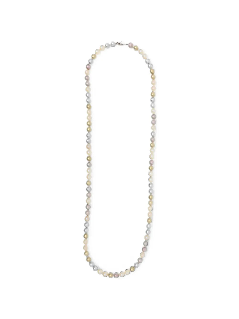Chanel long pearl sautoir necklace with elegant string of white pearls and gold-tone chain details.