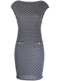 Navy and white Chanel jacquard boat-neck dress with elegant pattern, showcasing a stylish and sophisticated women's dress.