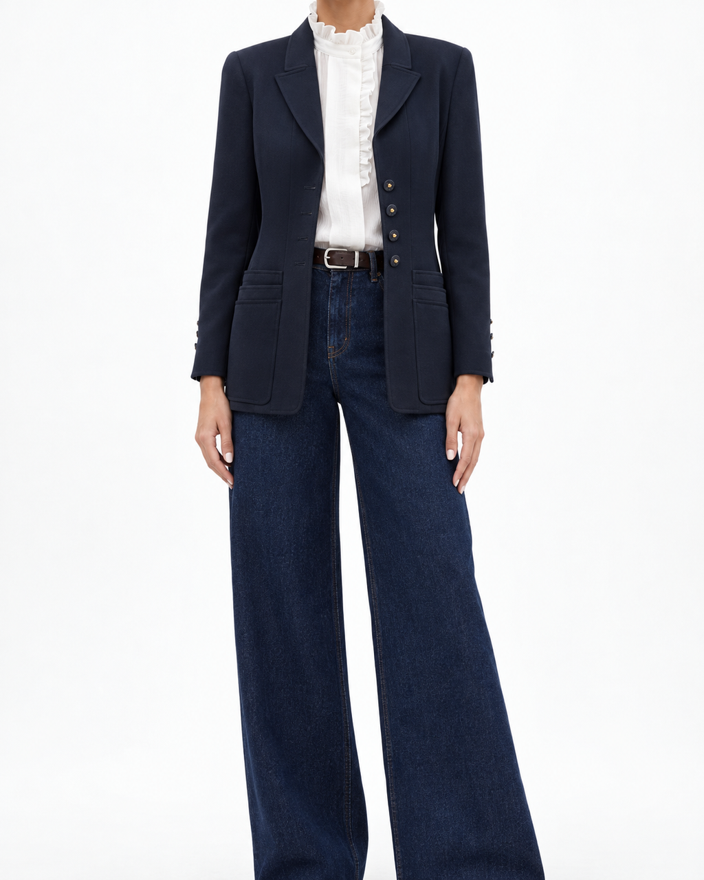 Navy Chanel layered pockets blazer with tailored fit, featuring structured design and front pocket details, ideal for sophisticated style.