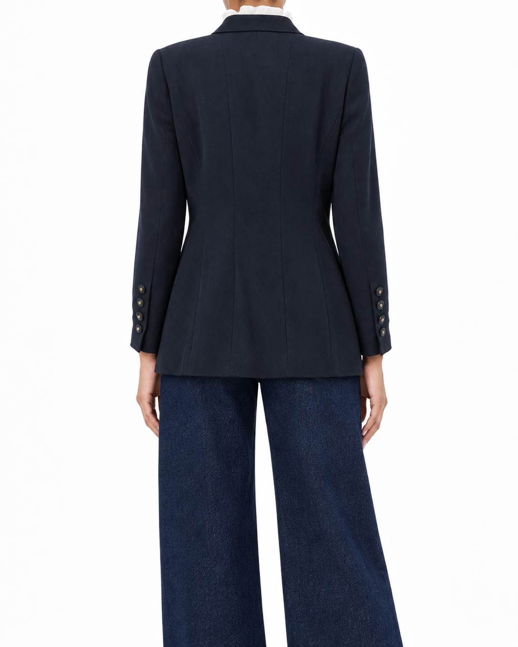 Navy layered pockets blazer by Chanel featuring tailored fit and classic style, shown on a model.
