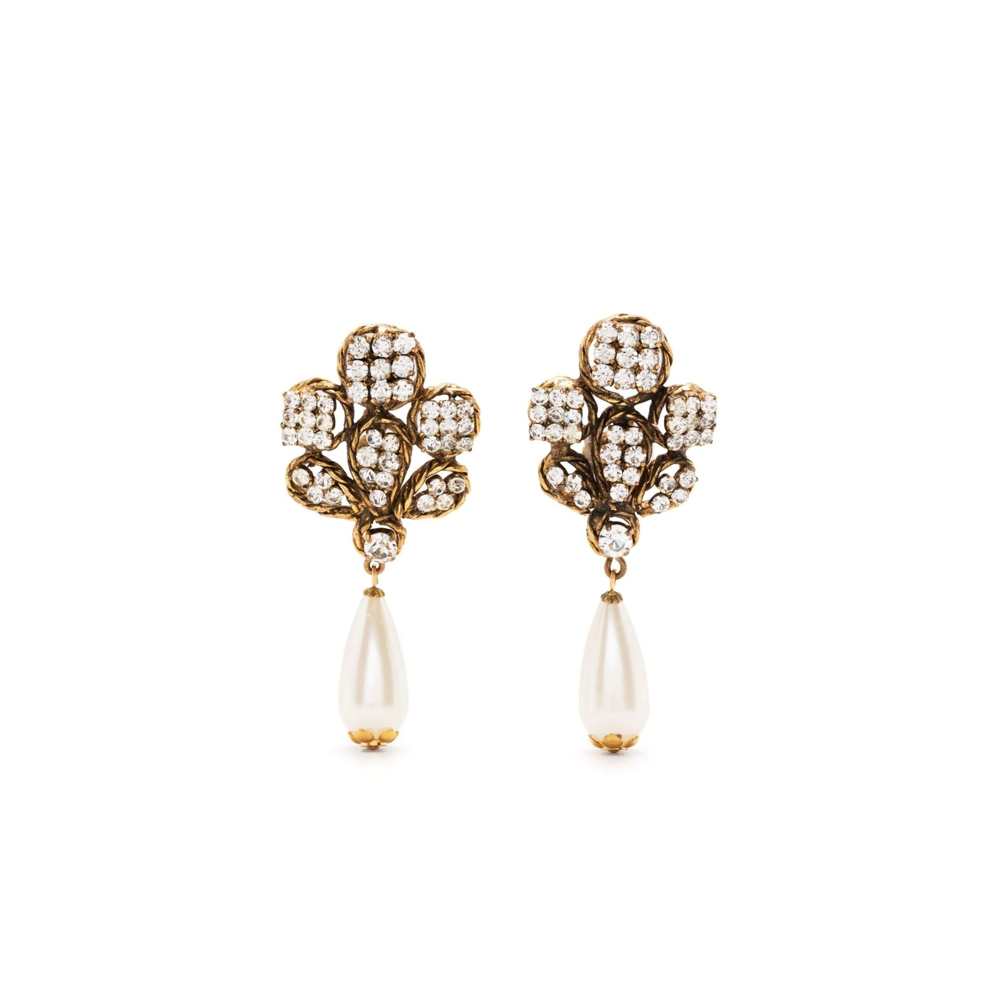 Chanel pearl-effect and crystal earrings with elegant design, showcasing sparkling crystals and lustrous pearl accents.
