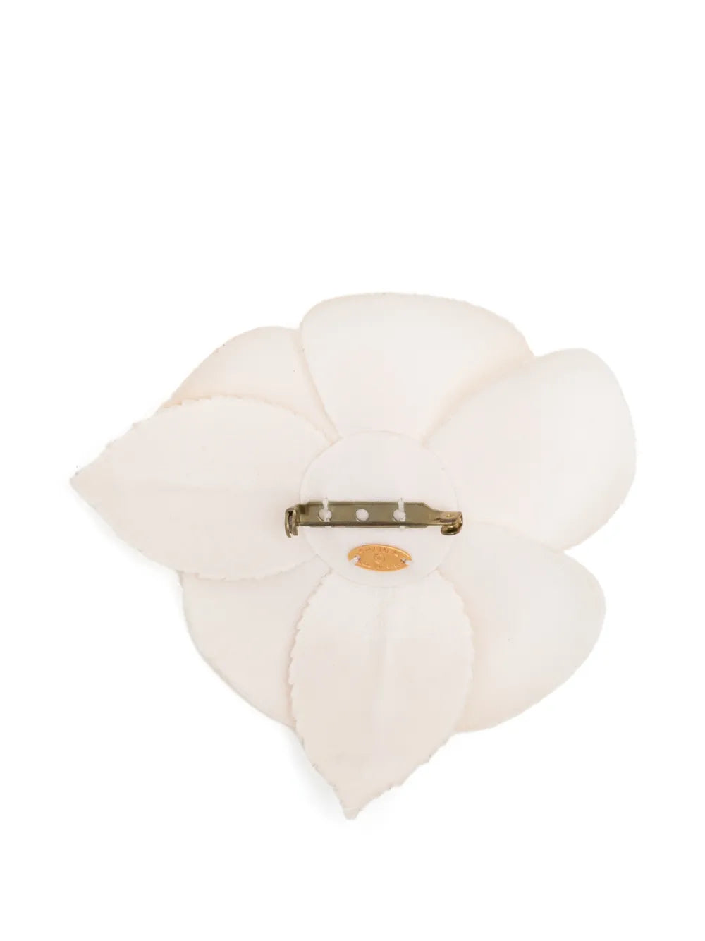 Chanel 2019 Camellia CC brooch featuring a silk camellia flower and classic CC logo, stylish jewelry accessory.
