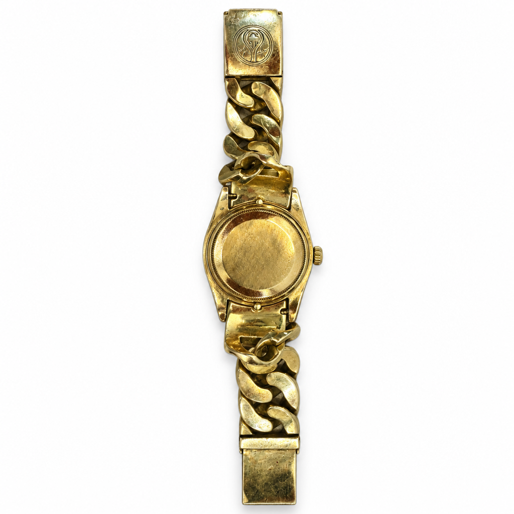 Rolex x Loree Rodkin luxury watch showing a sleek stainless steel band and detailed watch face with the Rolex logo.