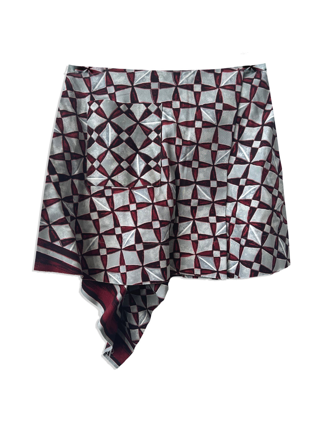 Balenciaga grey asymmetrical printed skirt with bold pattern, shown from the back with a flowing, stylish design.