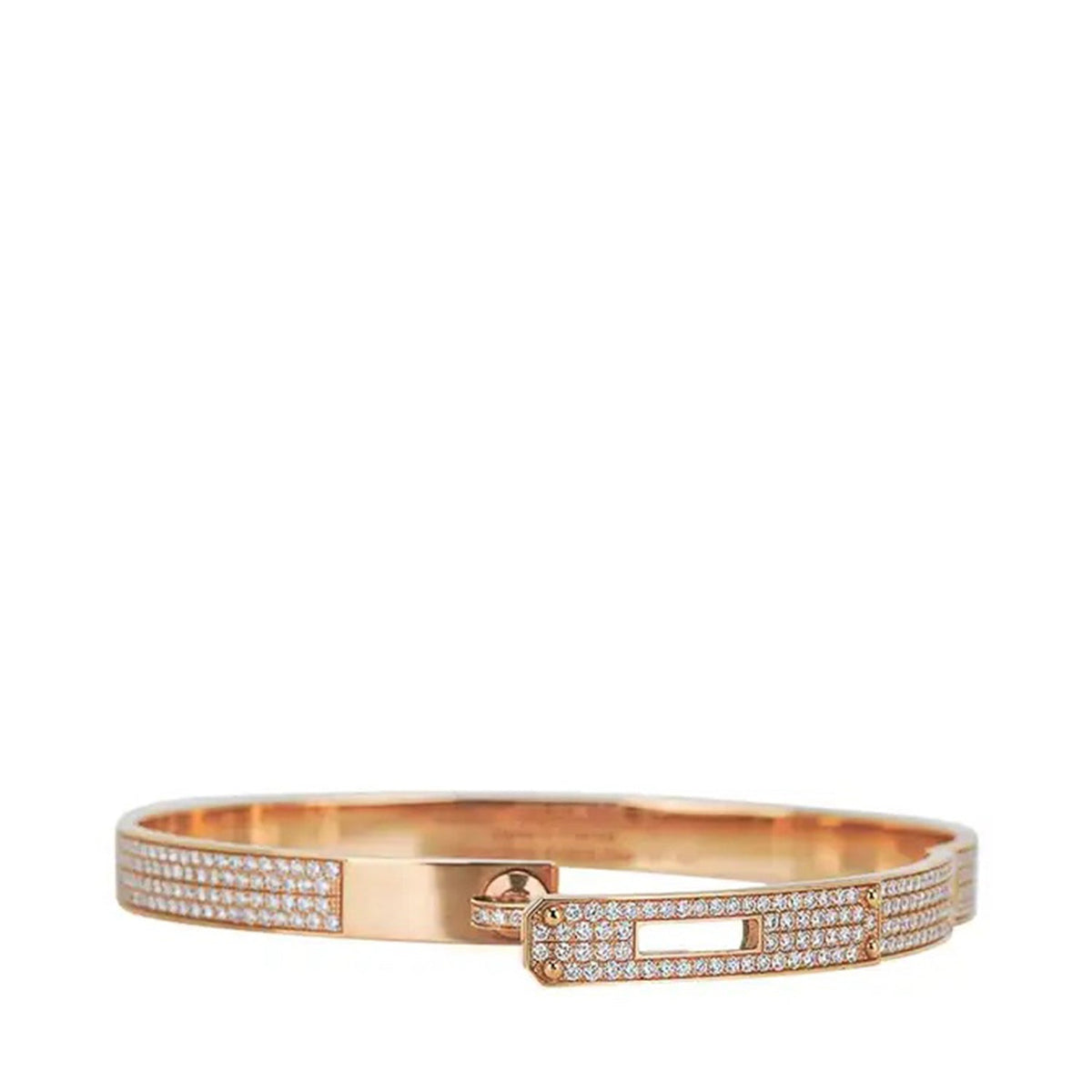 Hermès rose gold diamond Kelly bracelet featuring sparkling diamonds and a sleek, elegant design, shown from the front.